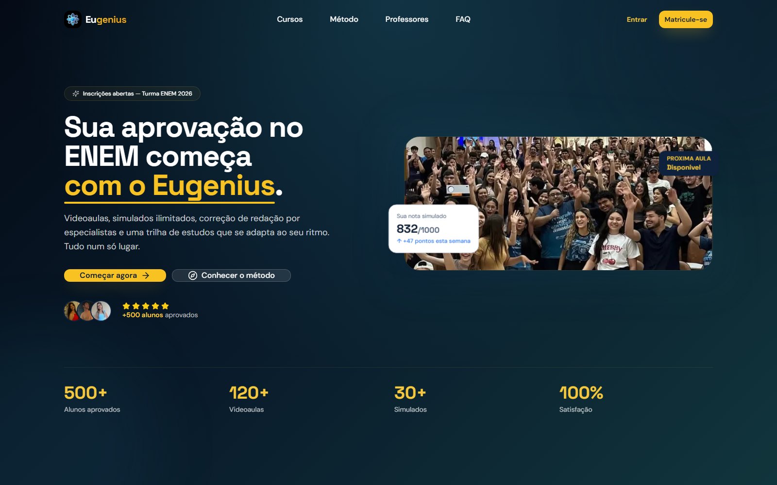 Eugenius — Cursinho online para o ENEM, gamificado: videoaulas, simulados e trilha de estudos com XP e conquistas, com assinaturas e pagamento integrado.